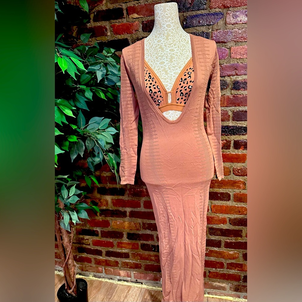 Brown nylon body-con with front deep plunge.(dress only no bra)